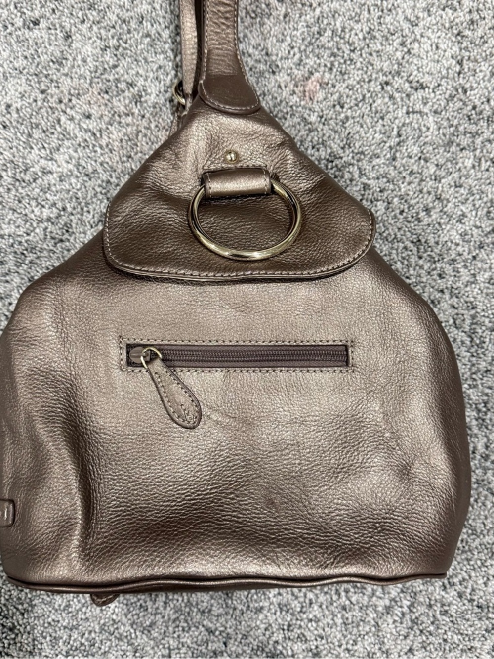 Y2K Jones New York Metallic Bronze Sling Backpack Zip Closure Genuine Leather